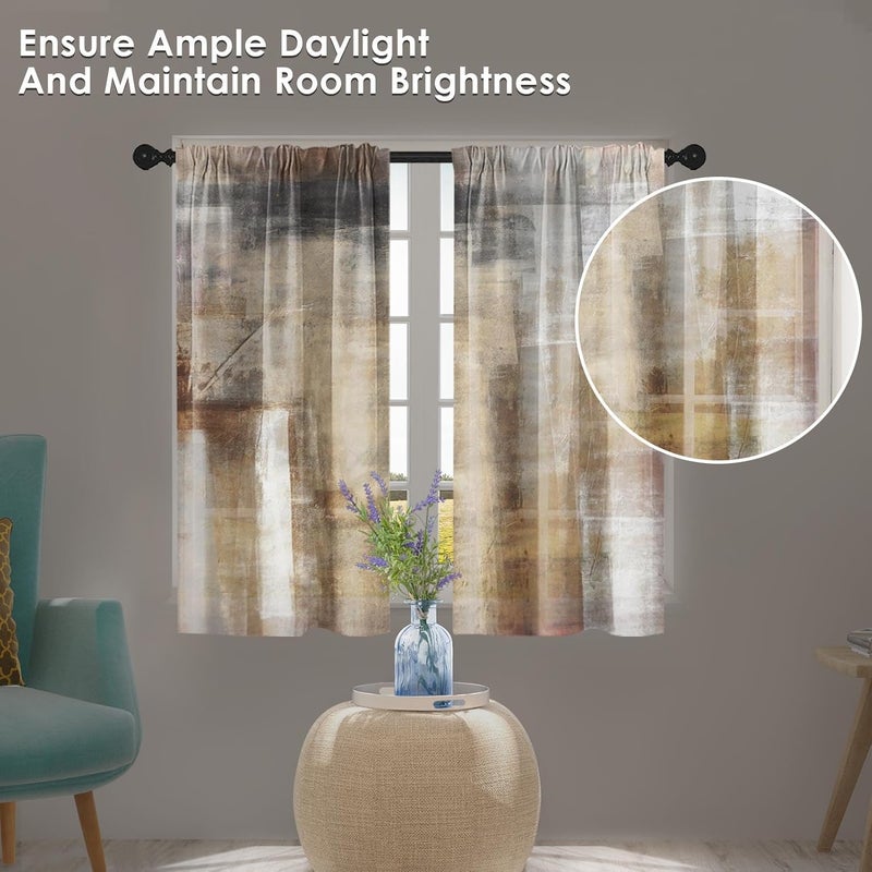 Tayney Brown Beige Kitchen Curtains 45 Inch Length Modern Abstract Painting Art Window Short Tier Curtains Over Sink Set of 2, Grey Contemporary Vintage Small Kitchen Decor 34x45 Inch - Image 3